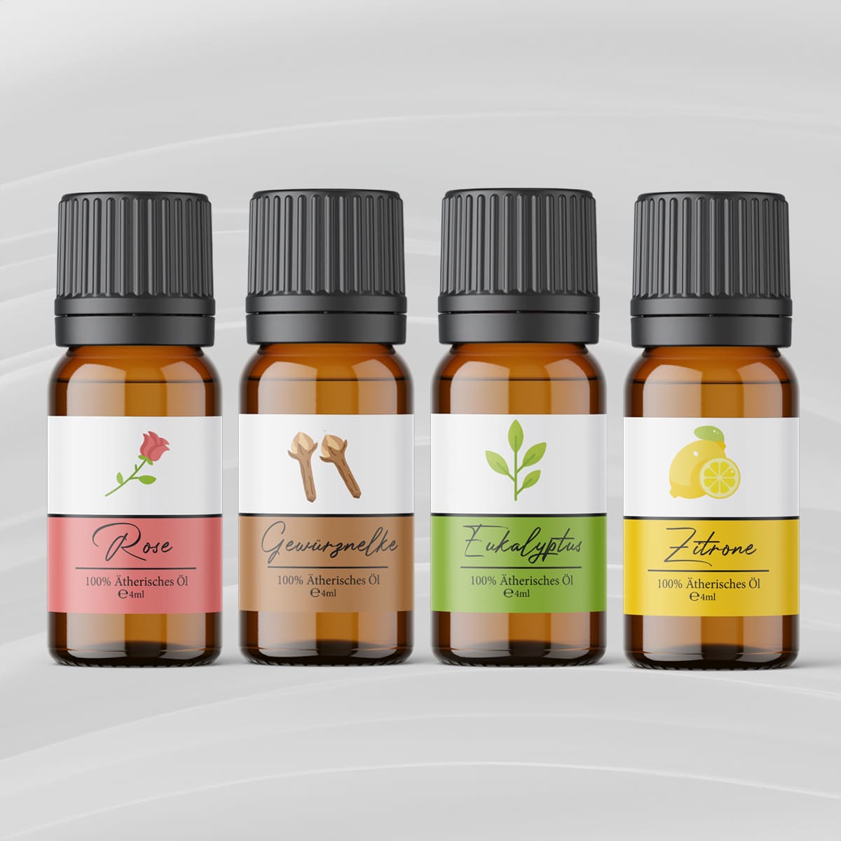 4 Fläschchen ätherische Öle (Rose, Nelke, Eukalyptus, Zitrone) für Riechtraining