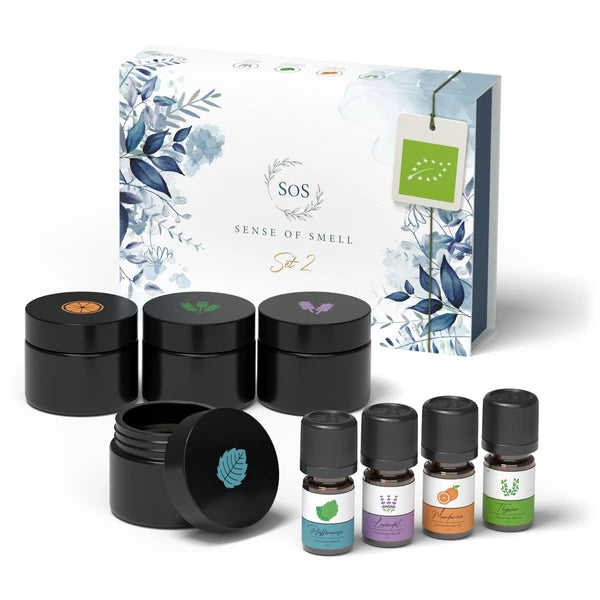 SOS Set 2: vier Riechgläser, vier Bio-Öle und blaue Geschenkbox