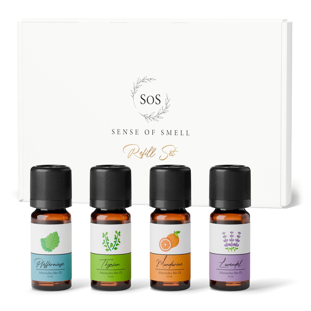 SOS Nachfüllset 2 mit vier Bio-Ölen à 10 ml und weißer Faltschachtel.