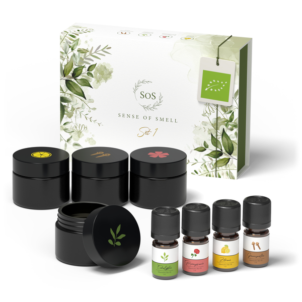 Riechtraining Set 1 mit vier schwarzen Riechgläsern, vier Bio-Ölen und Geschenkbox.
