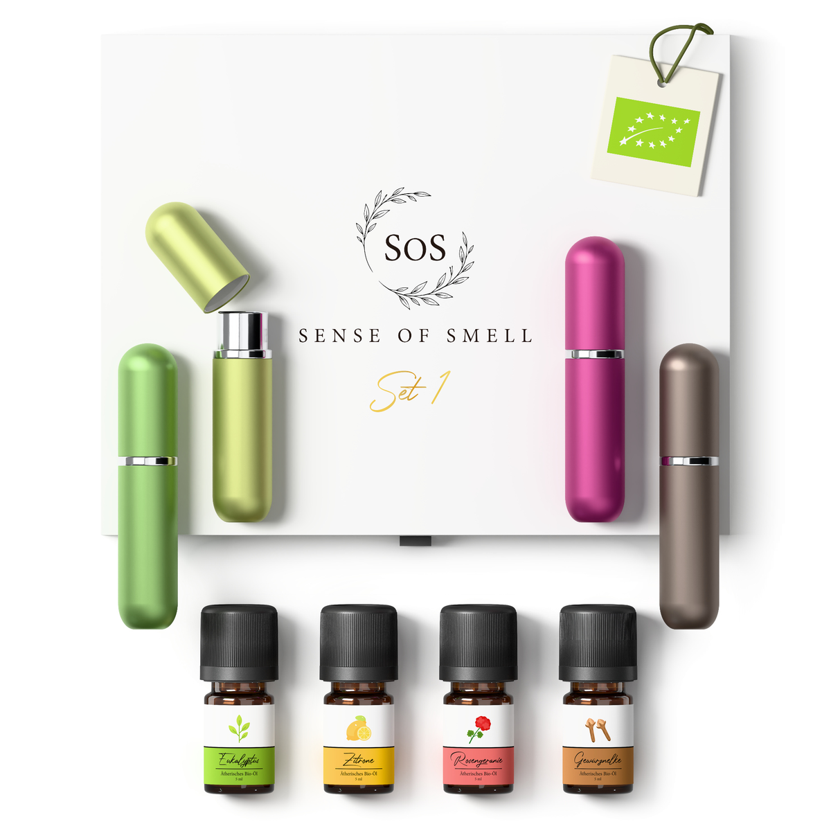 Riechtraining Set 1 mit vier Aluminium-Riechstiften, vier Bio-Ölen und weißer Geschenkbox.