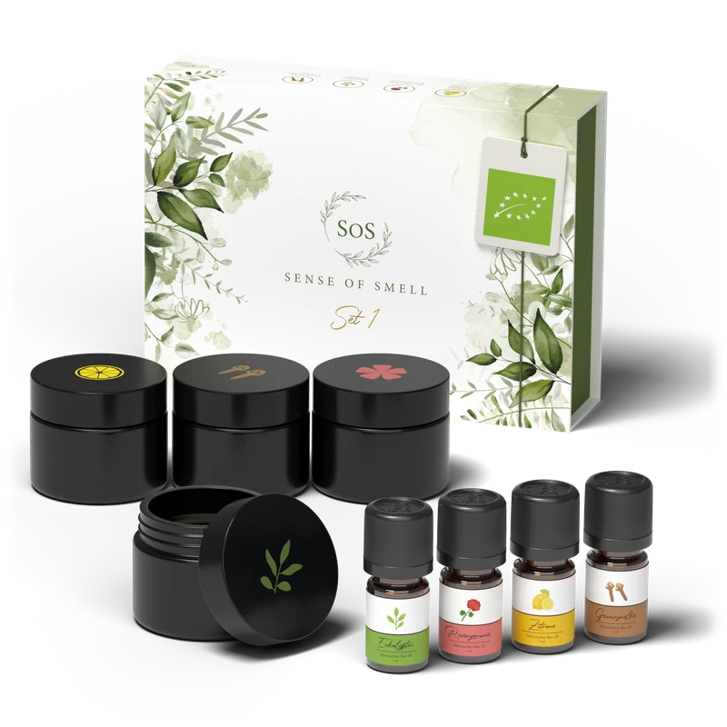 Riechtraining-Set mit Riechgläsern und vier Bio-Ölen