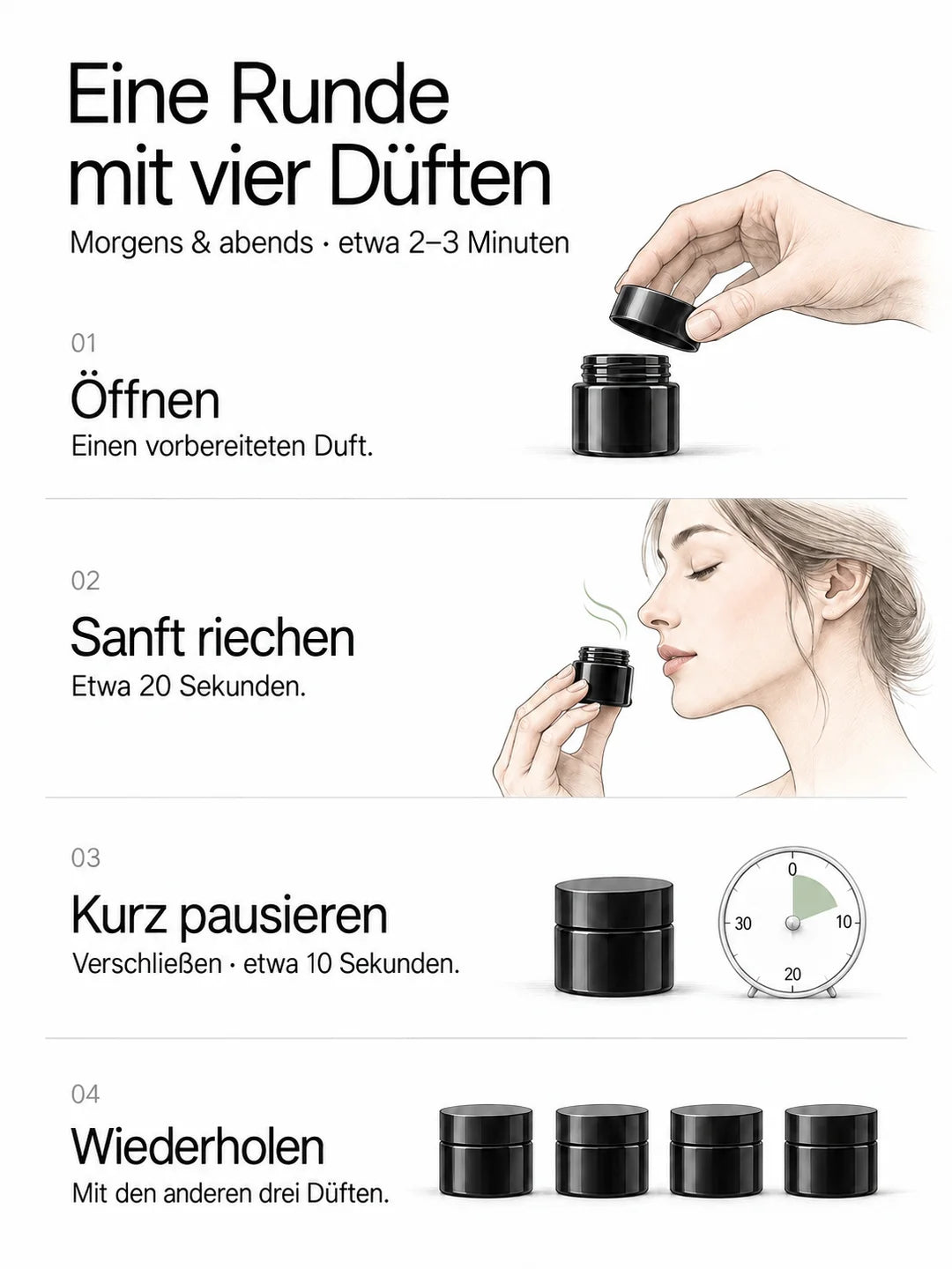 Eine Runde mit vier Düften, morgens und abends: einen vorbereiteten Duft öffnen, etwa 20 Sekunden sanft riechen, verschließen und etwa 10 Sekunden pausieren. Mit den anderen drei Düften wiederholen. Insgesamt etwa 2–3 Minuten.